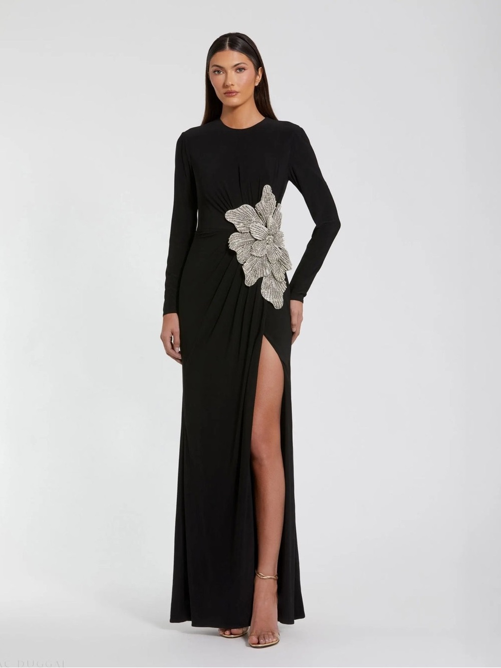 MAC DUGGAL Size 2 Black Long Sleeve Jersey Maxi Gown With Embellished Flower